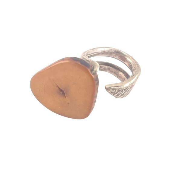 Handcrafted Silver Tone and Horn Adjustable Ring Unique - Picture 1 of 9